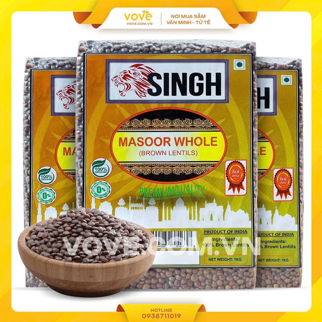 Đậu lăng nâu SINGH / Brown Masoor Lentil / Masoor Whole 1 kg