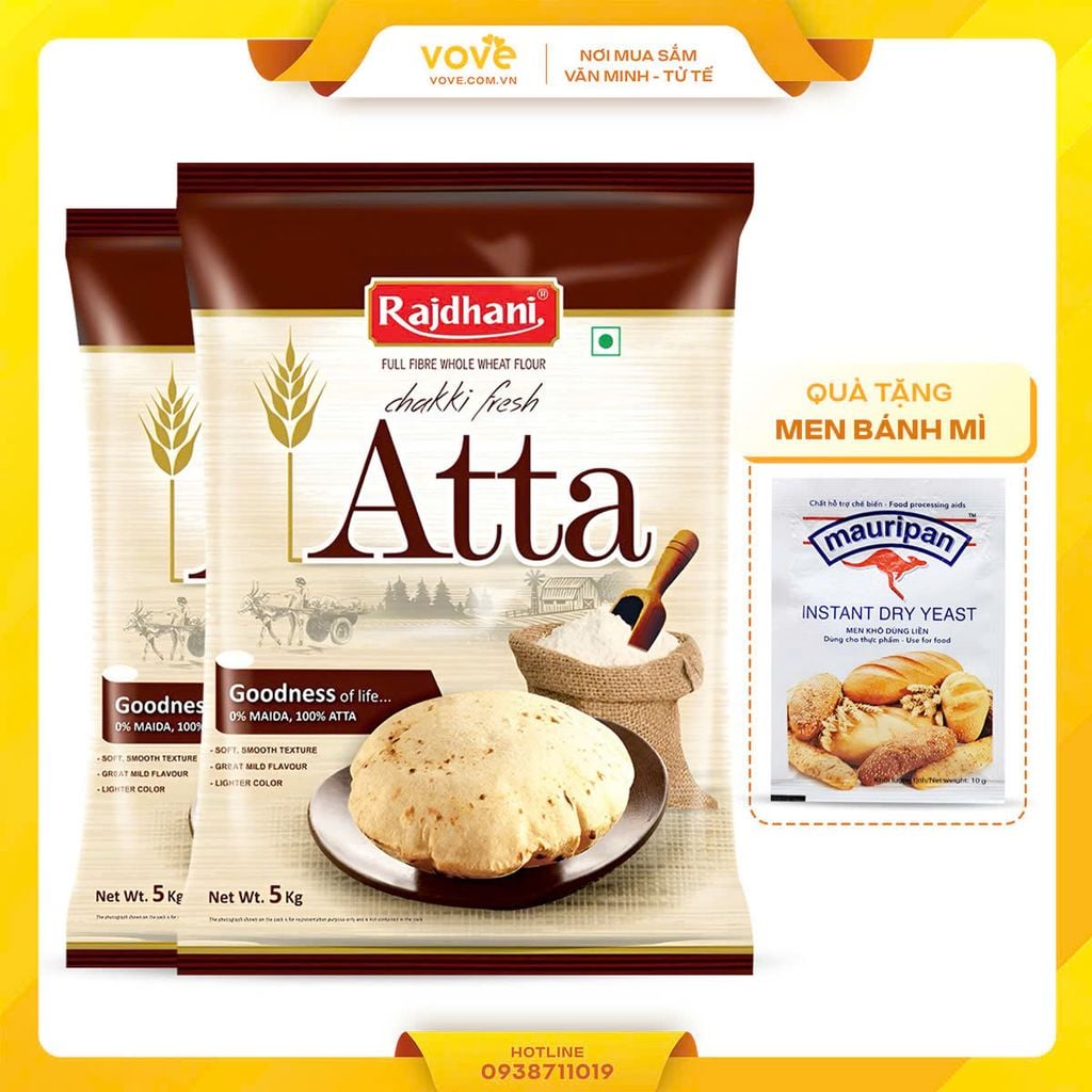 Bột mì nguyên cám Ấn Độ RAJDHANI Whole Wheat Flour /chakki Atta, 5kg