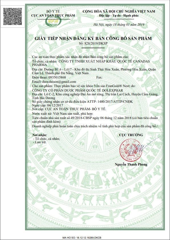 TPBVSK Siro Yến sào FranGold Nest