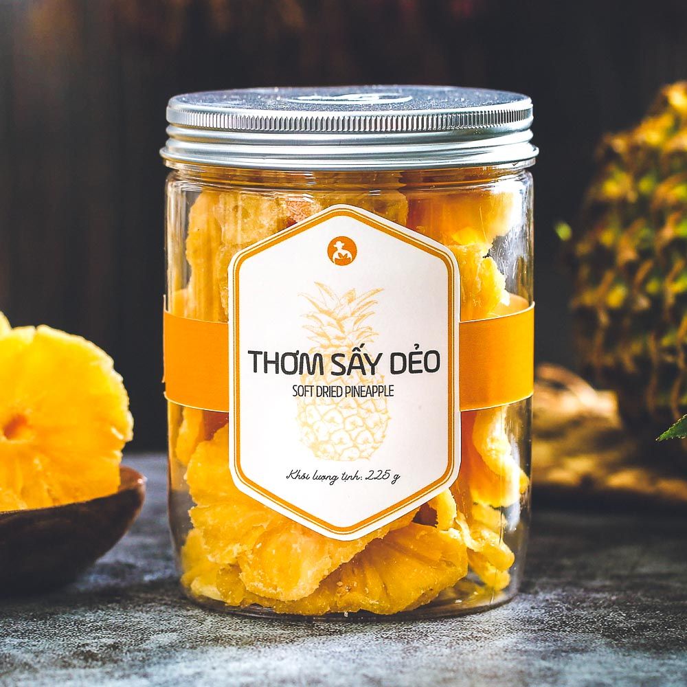 Thơm sấy dẻo, 225g, hũ, mẫu nắp nhôm