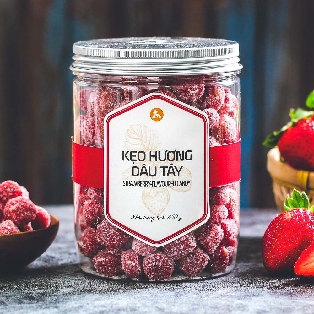 Kẹo hương dâu tây, 350g, hũ, mẫu nắp nhôm