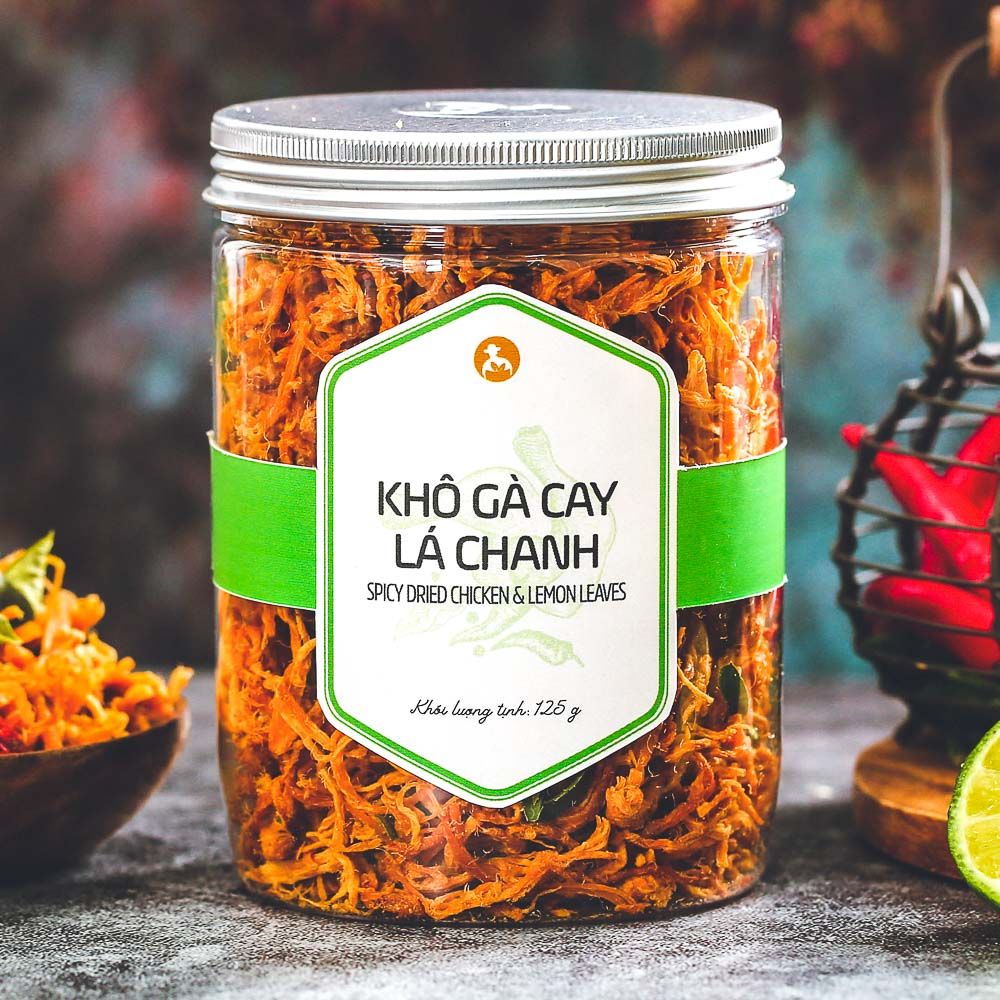 Khô gà cay lá chanh, 125g, hũ, mẫu nắp nhôm