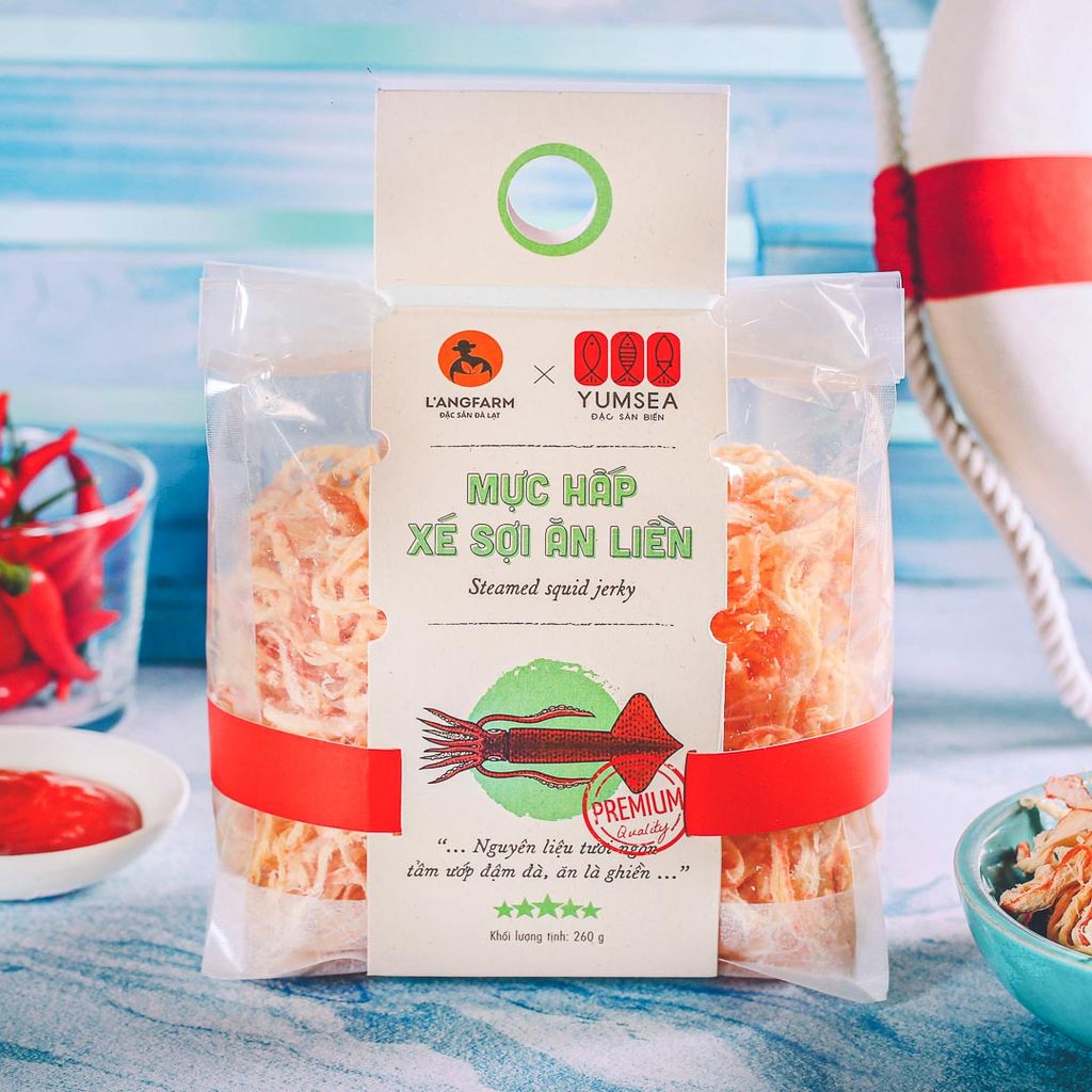 Mực hấp xé sợi ăn liền, 260g, bịch, mẫu mawashi L'angfarm, Yumsea