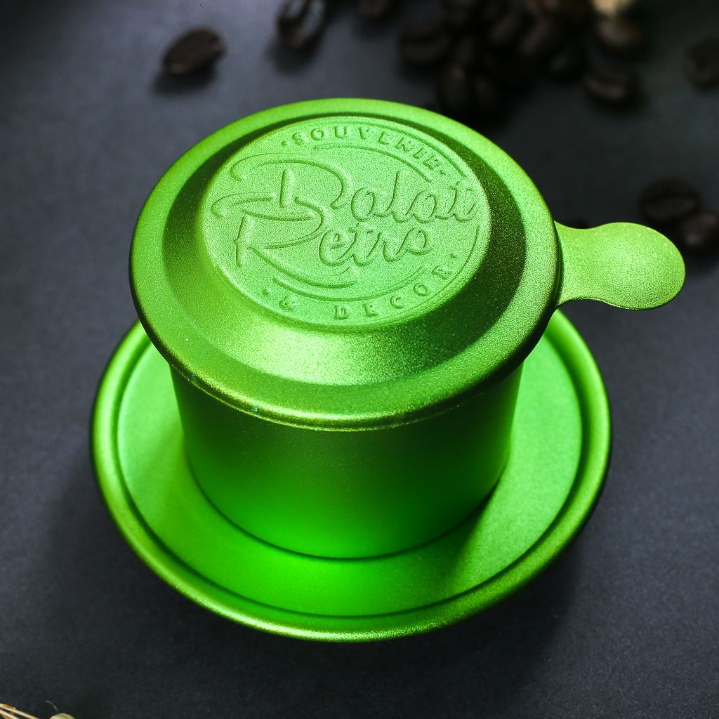 Phin cà phê nhôm anode, mẫu bắn cát màu retro green, hộp, Dalat Retro
