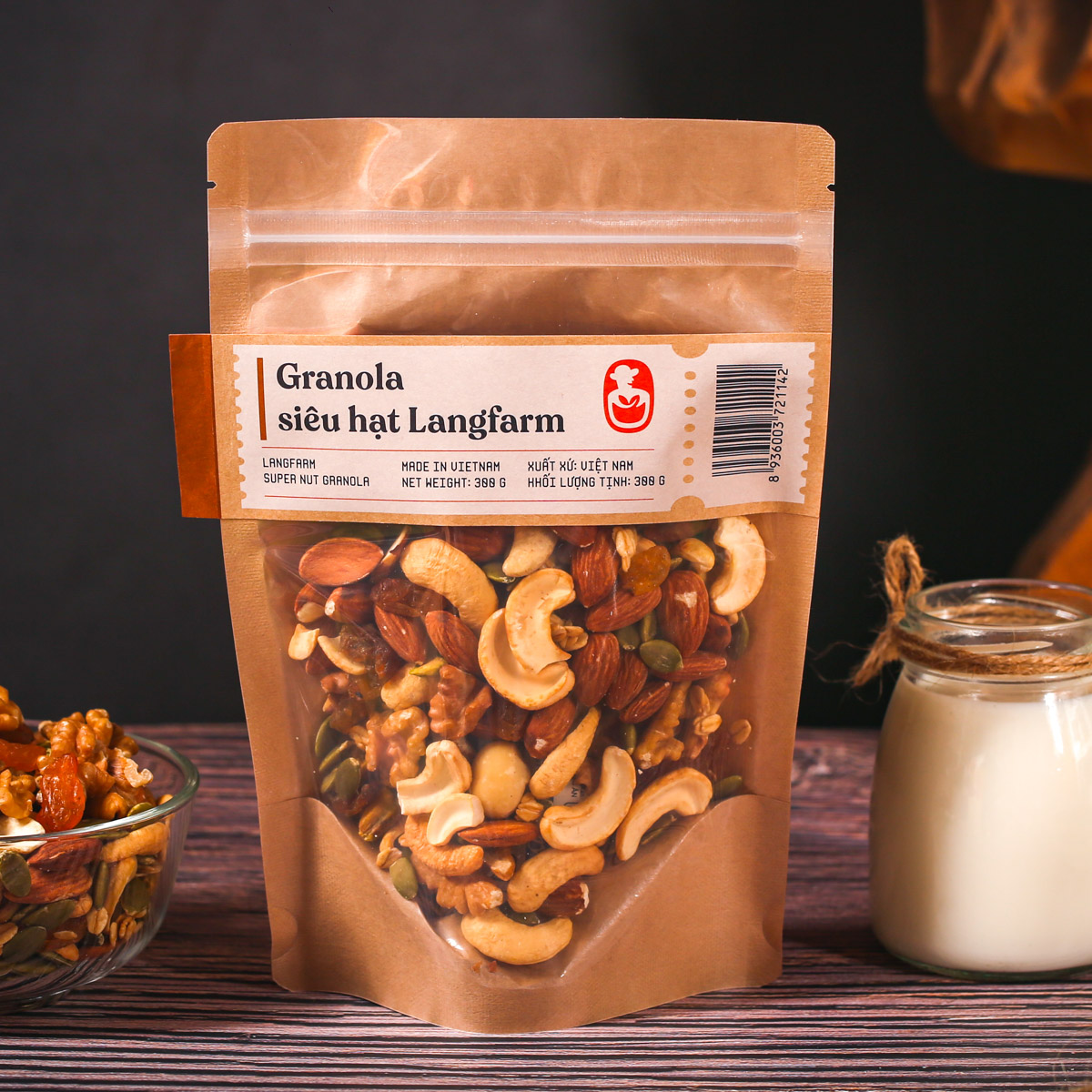 Granola siêu hạt Langfarm, 300g, bịch, mẫu kraft 1 mặt trong