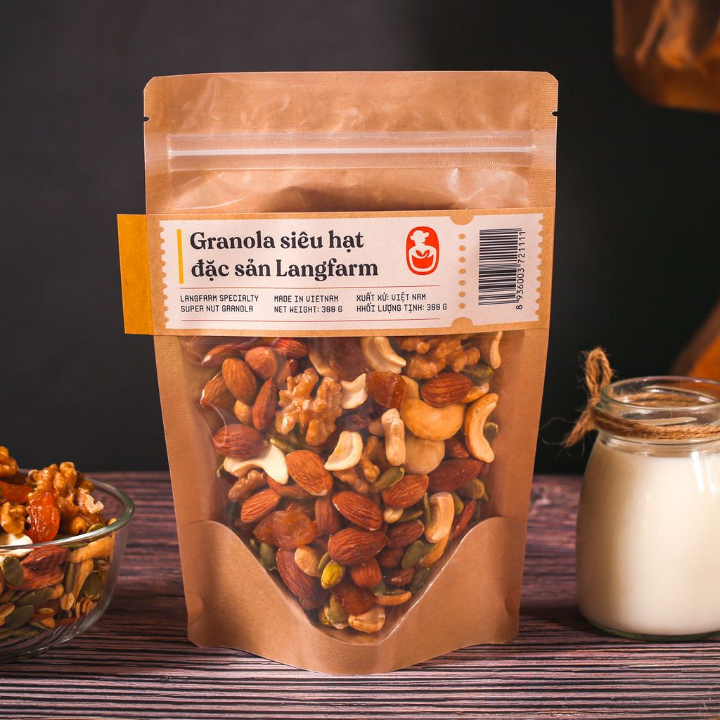 Granola siêu hạt đặc sản Langfarm, 300g, bịch, mẫu kraft 1 mặt trong