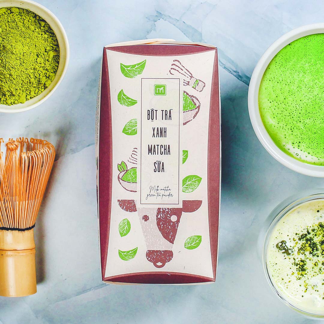 Bột trà xanh matcha sữa túi 12g, hộp, 16 túi, mẫu hanko, Matchi Matcha