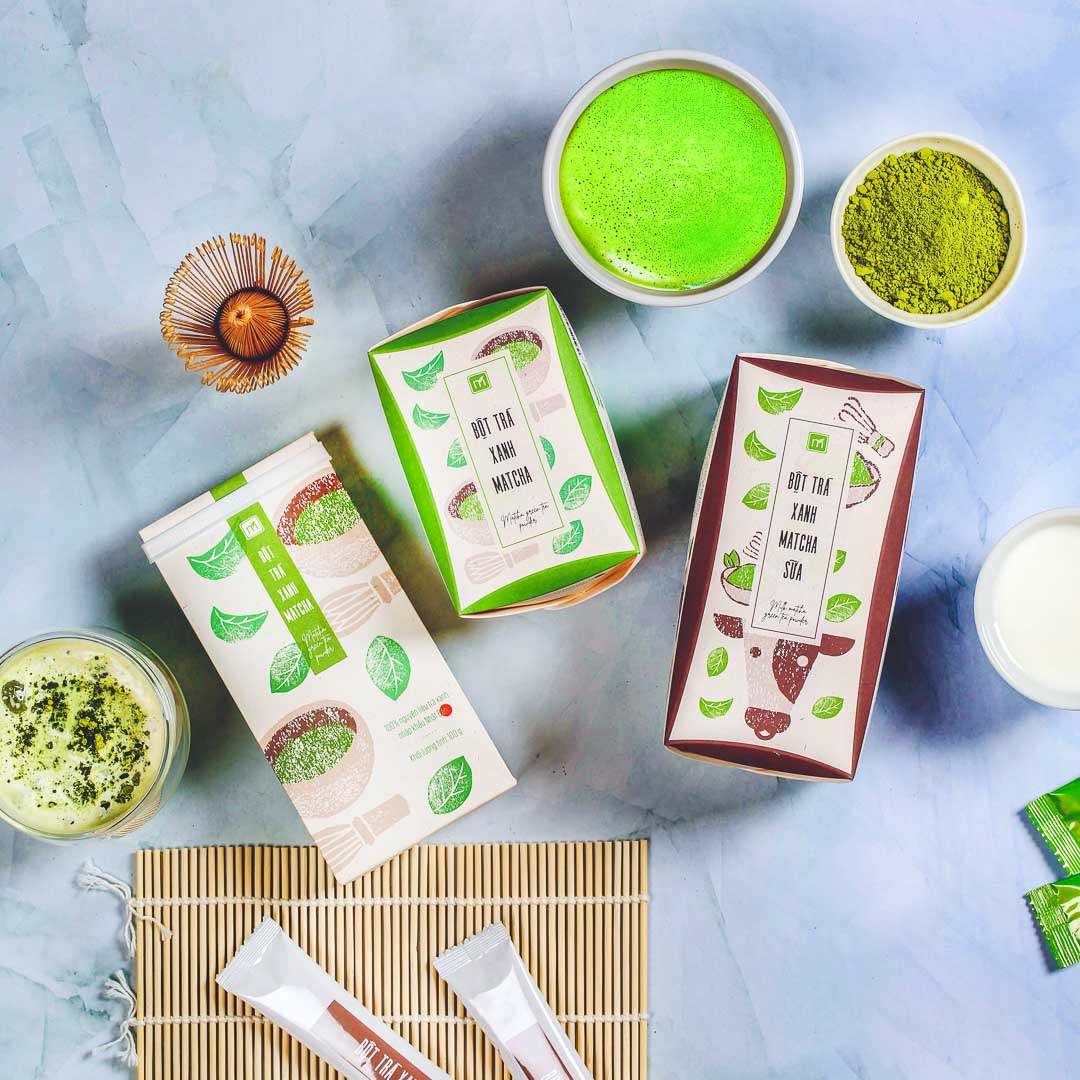 Bột trà xanh matcha sữa túi 12g, hộp, 16 túi, mẫu hanko, Matchi Matcha