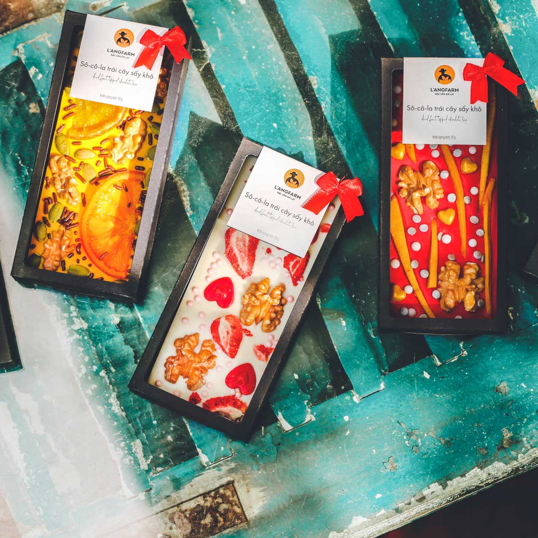 Socola trái cây khô, màu vàng passion fruit, 70g, hộp, mẫu chocolate art