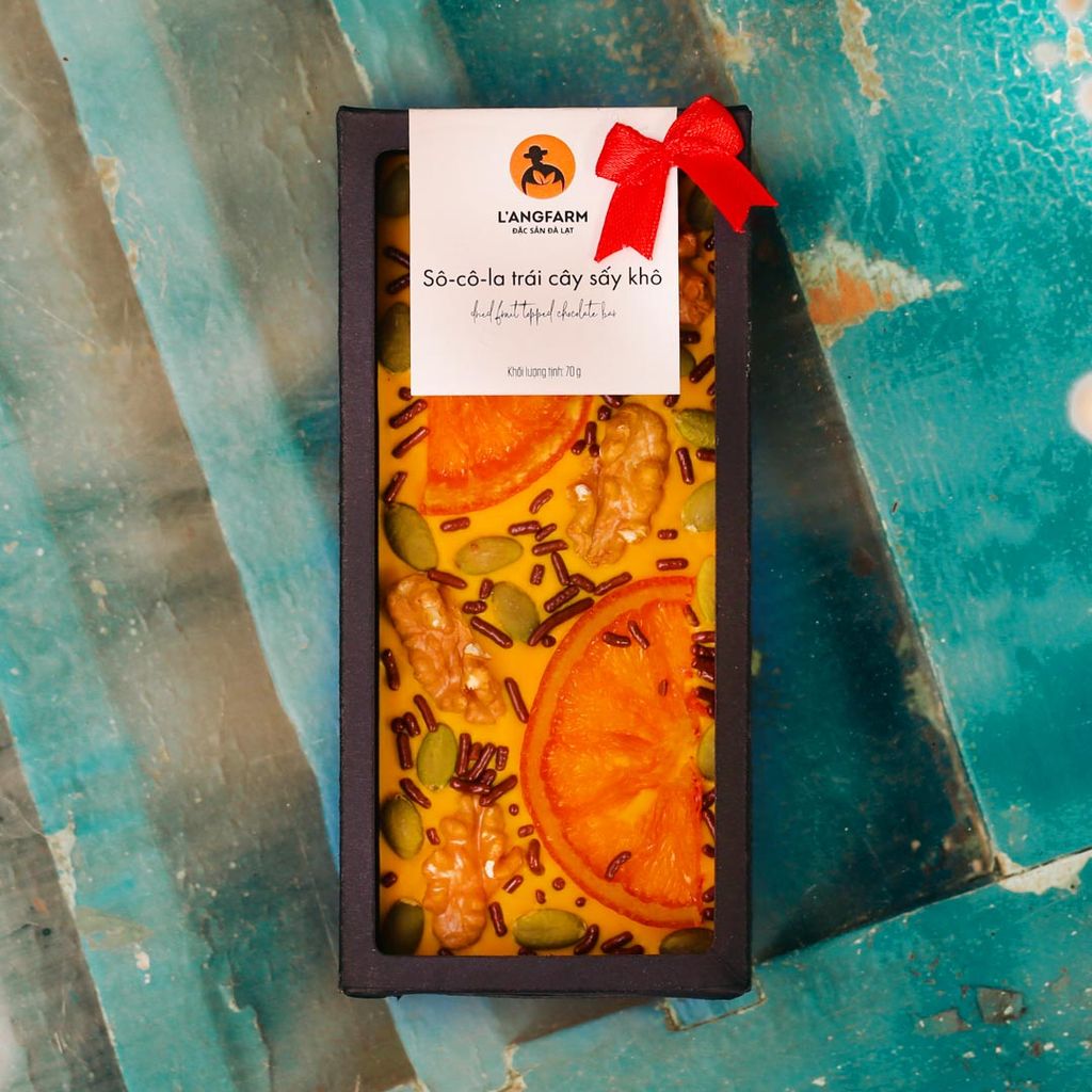 Socola trái cây khô, màu vàng passion fruit, 70g, hộp, mẫu chocolate art