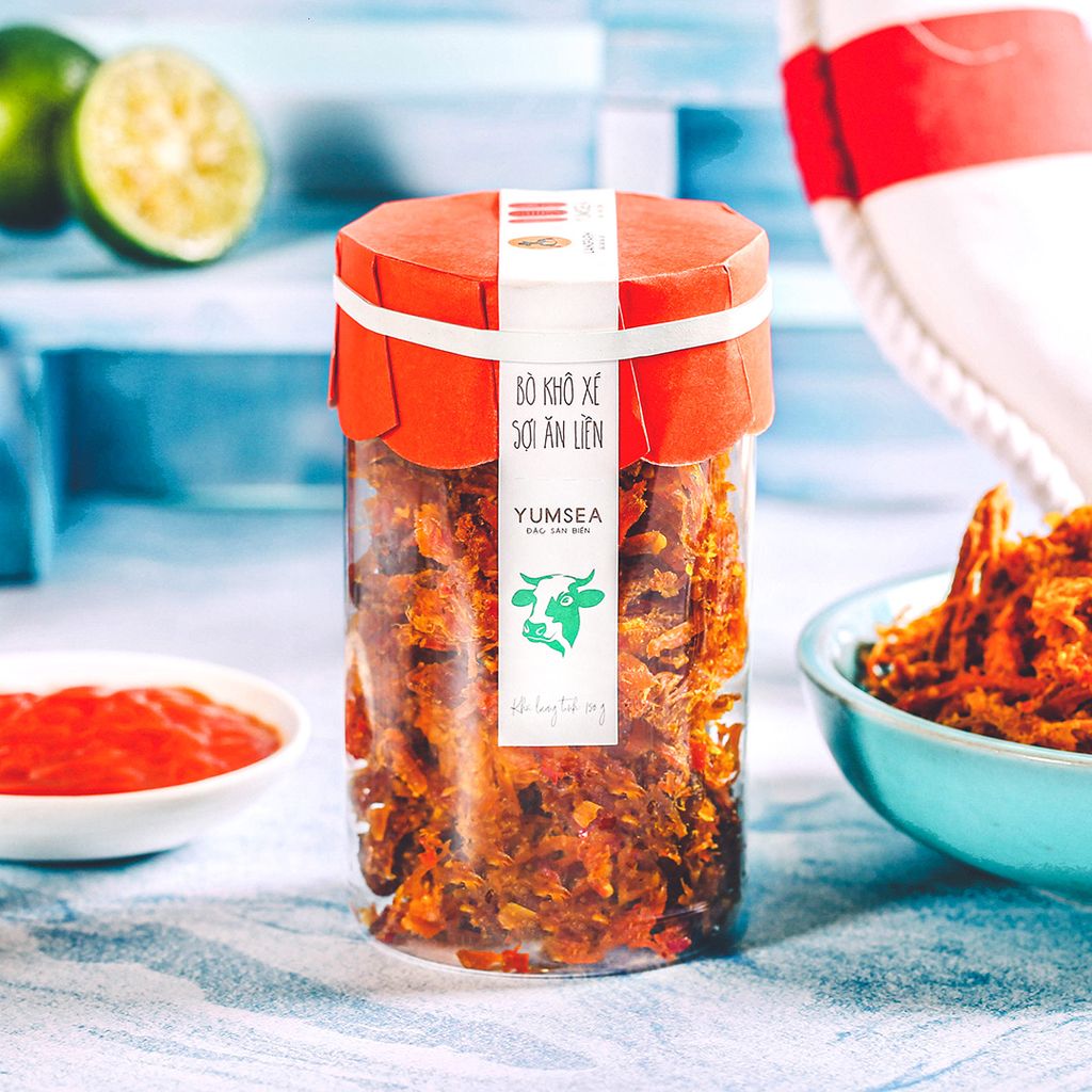 Bò khô xé sợi ăn liền,150g, hũ, mẫu tobita L'angfarm, Yumsea