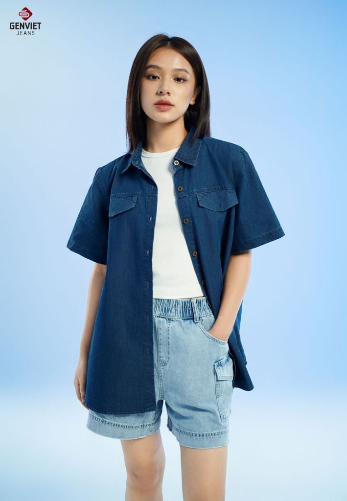 Áo Sơ Mi Jeans Cộc Tay Unisex XAU24J8572