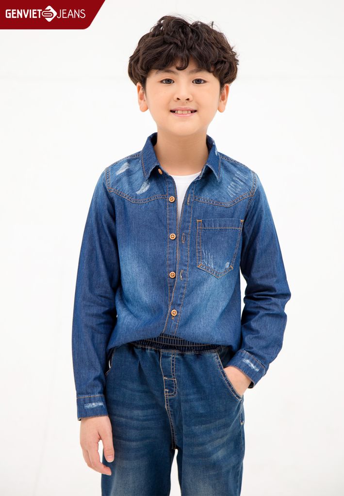 Áo Sơ Mi Dài Tay Bé Trai Jeans Ôm Vừa N3121J2019
