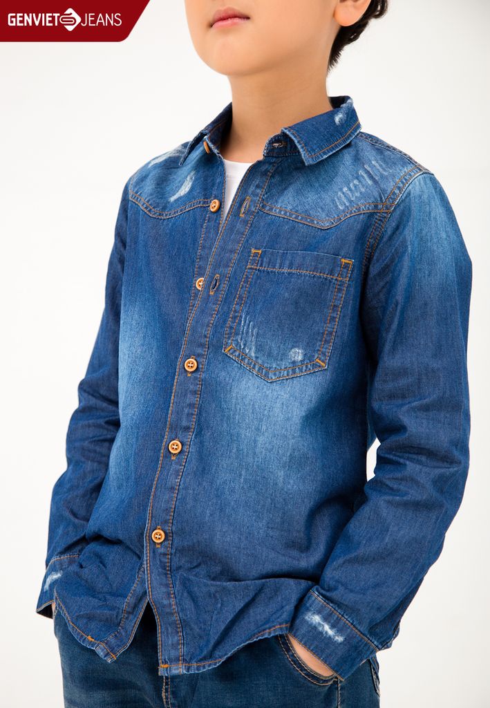 Áo Sơ Mi Dài Tay Bé Trai Jeans Ôm Vừa N3121J2019