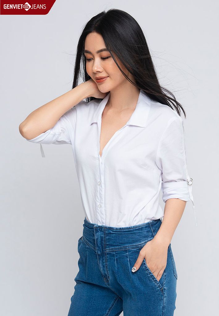 TA124C548 - Áo Sơmi Trơn Cổ Đức Tay Nẹt Vạt Cài