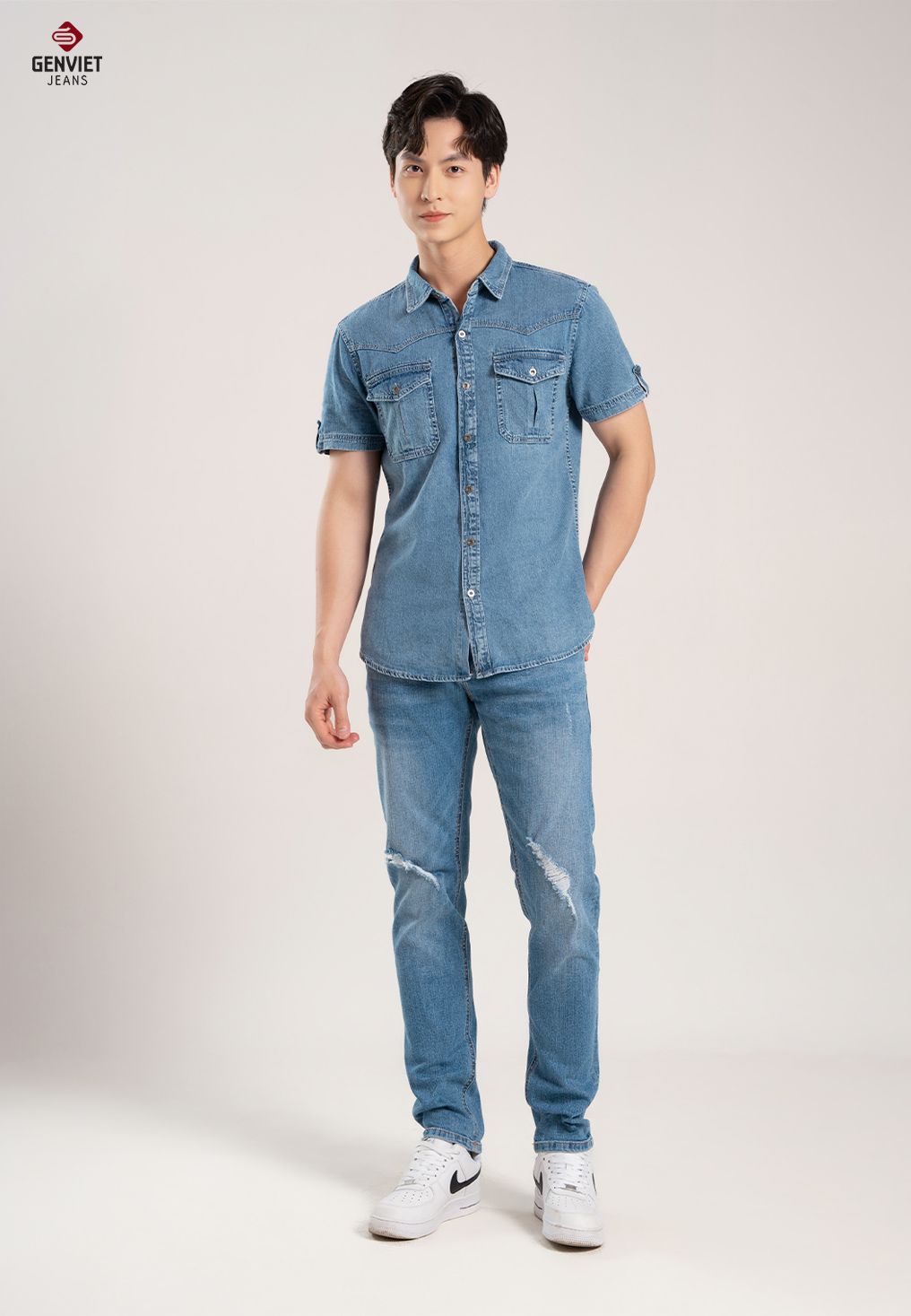  Áo Sơ Mi Cộc Tay Nam Jeans Ôm Vừa T3321J8194 