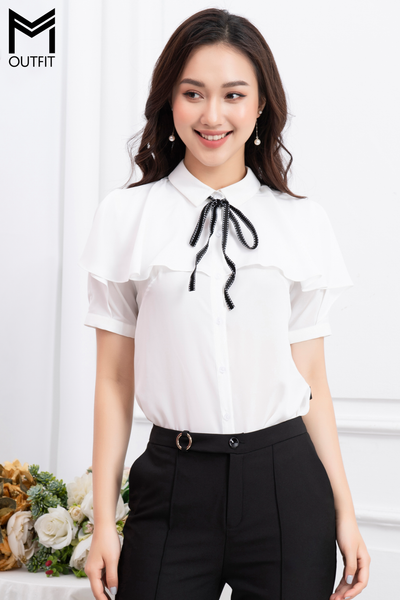 Áo Sơ mi công sở nữ form rộng phối túi kiểu đẹp Hàn quốc chất Lụa Ý dày dăn  Màu Trắng đen xanh LAMO-B809 - MixASale