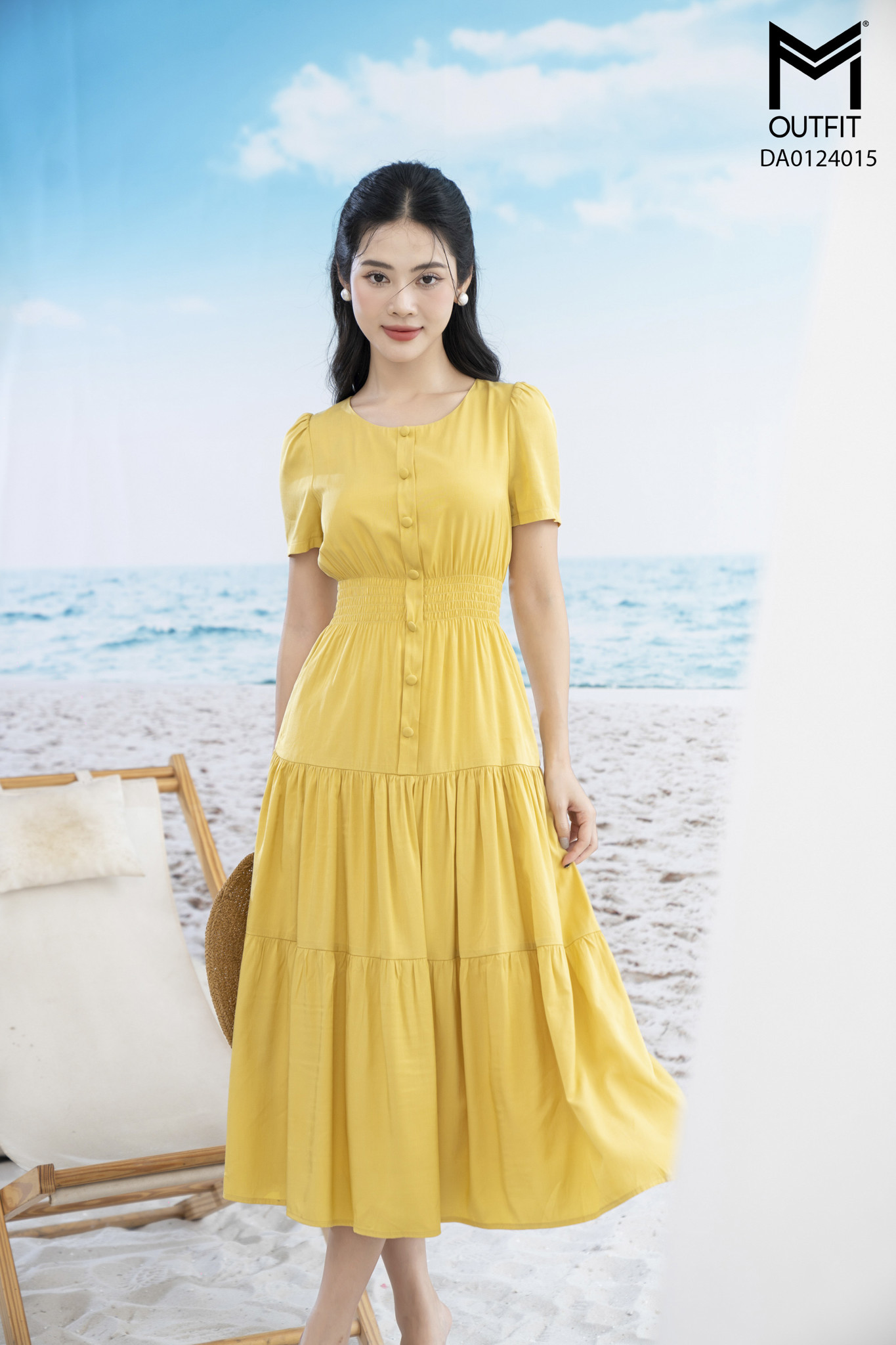 Đầm dáng xòe chun eo tùng nhún nẹp bong đính cúc bọc