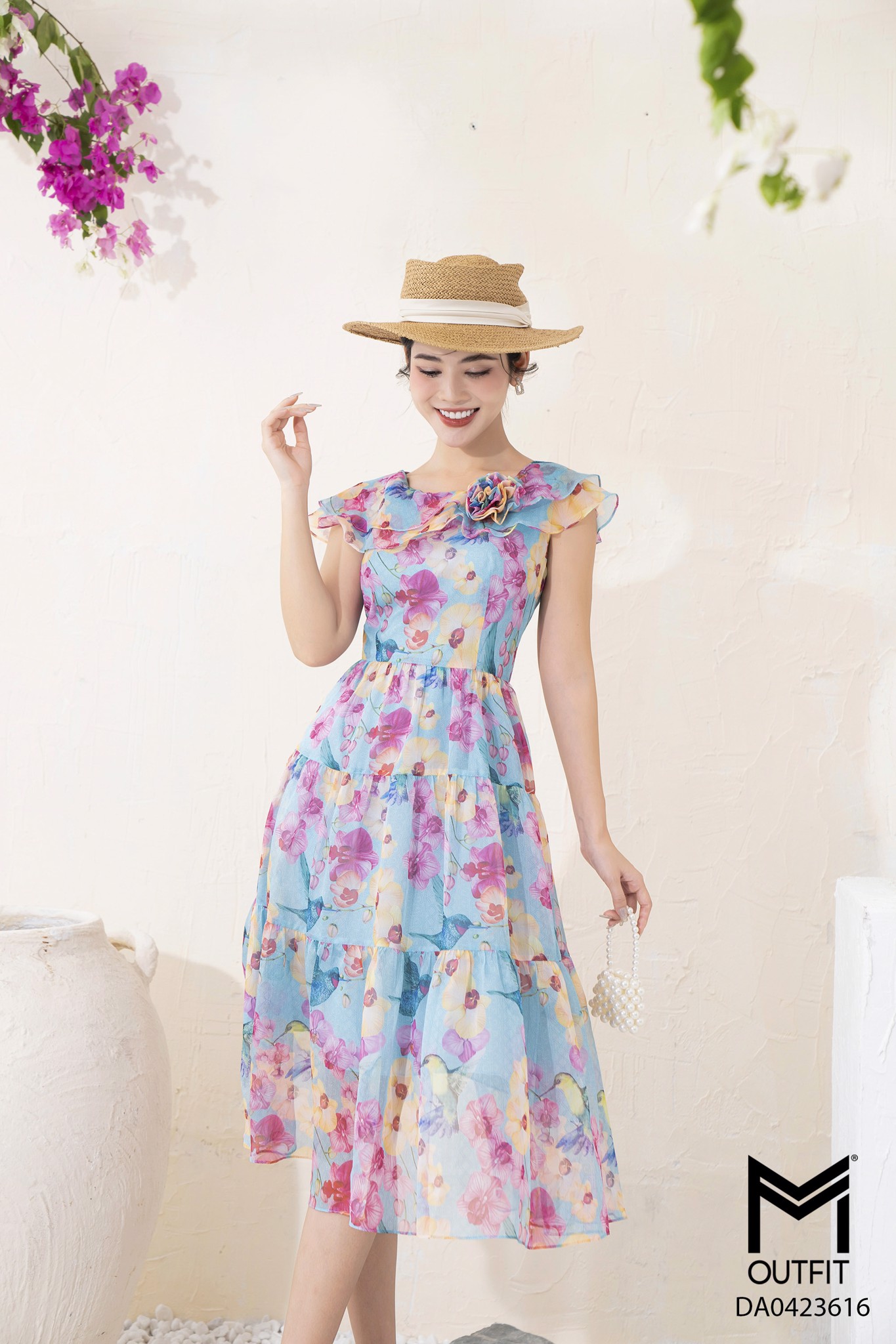 Đầm dáng xòe, tùng nhún, đính hoa TT