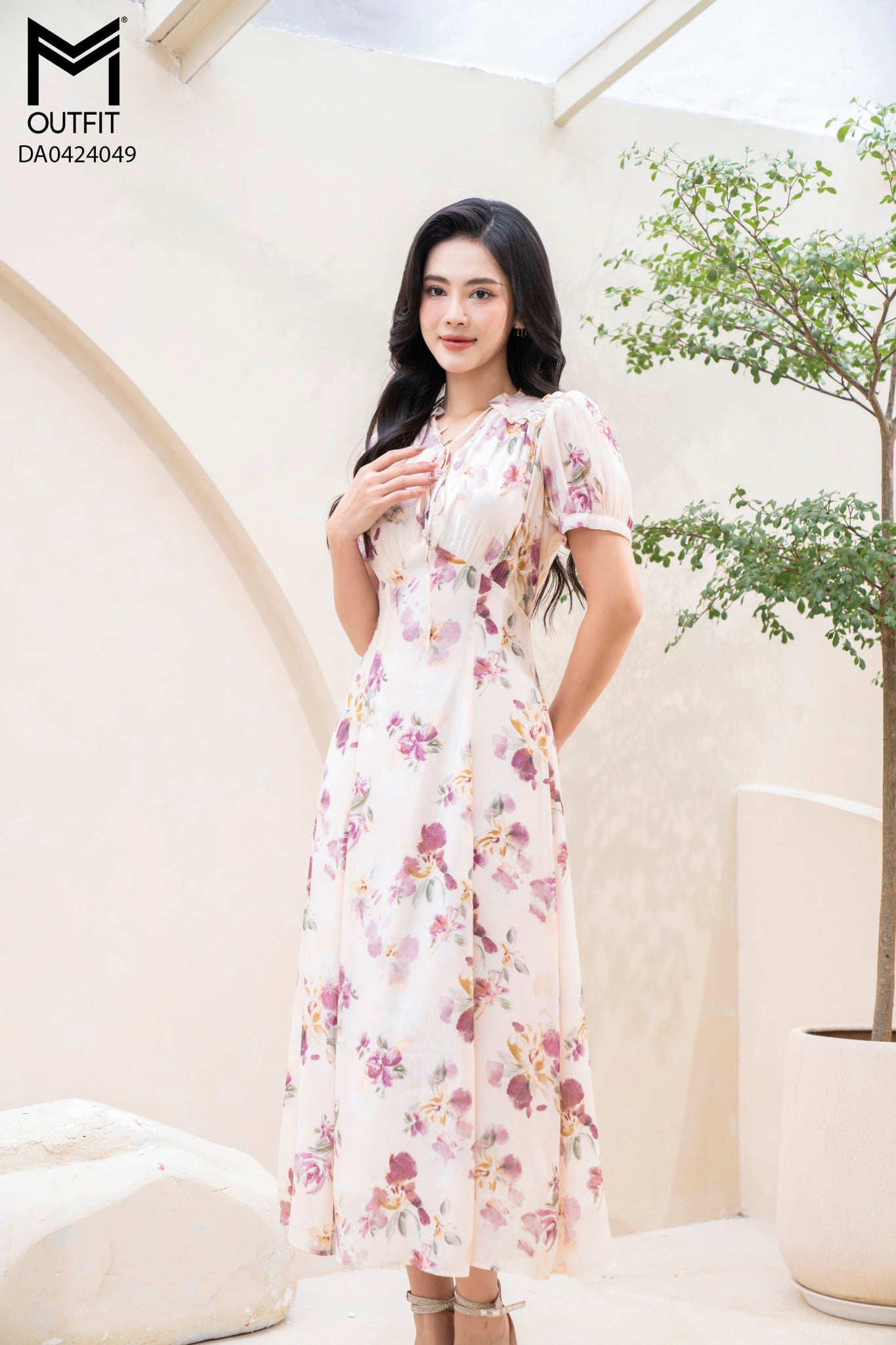 Đầm xòe cổ bèo buộc nơ cúc trai tay bồng