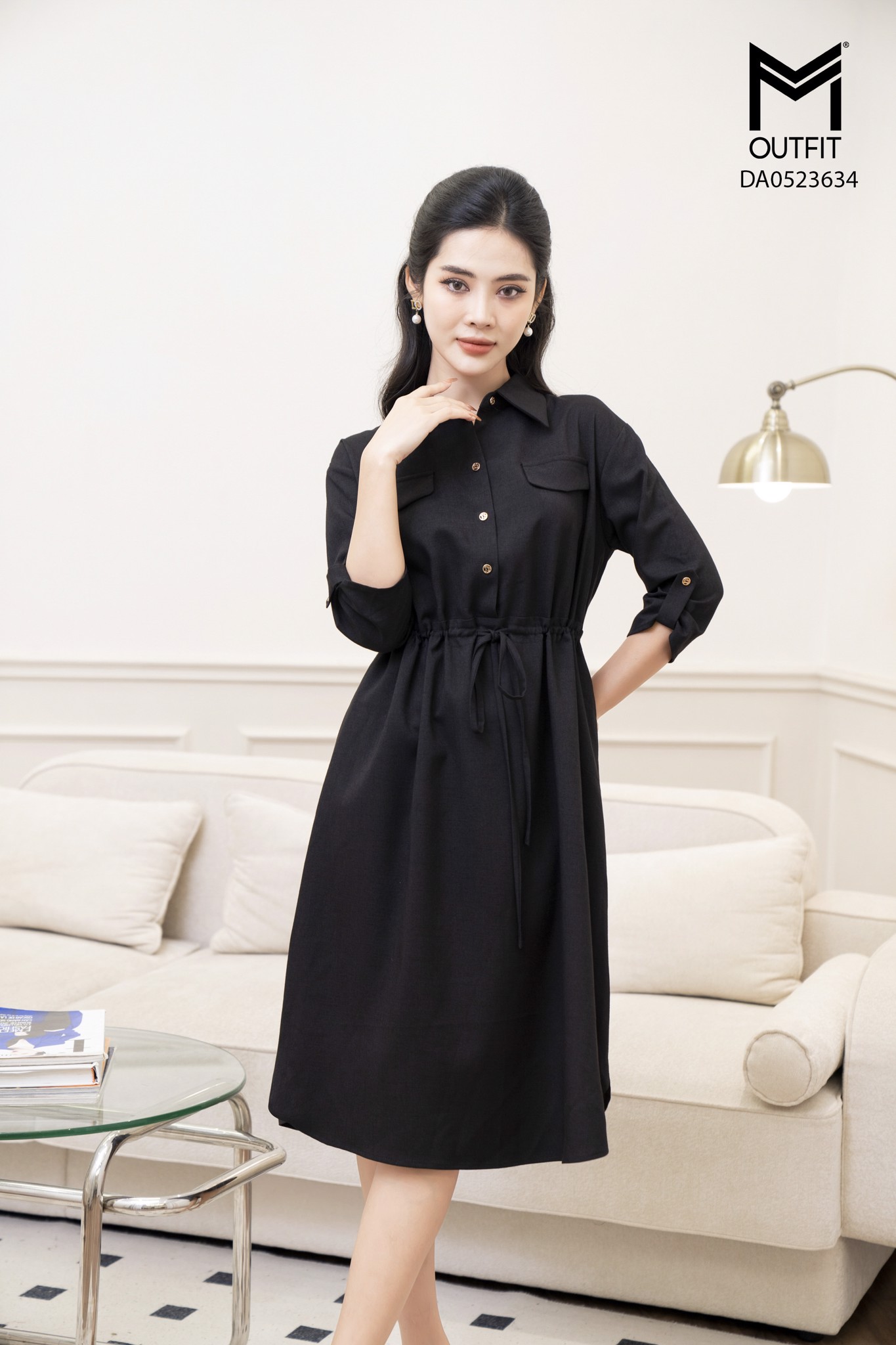 Đầm suông, tay lỡ, eo chun dây rút buộc