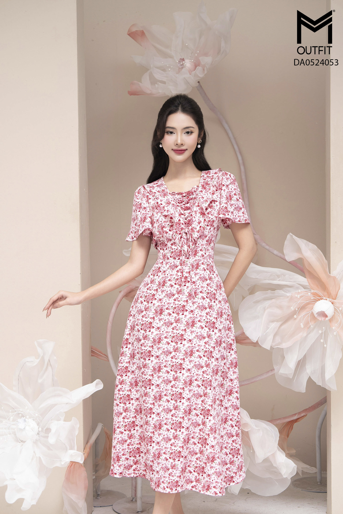 Đầm voan xòe cổ bèo đan dây buộc