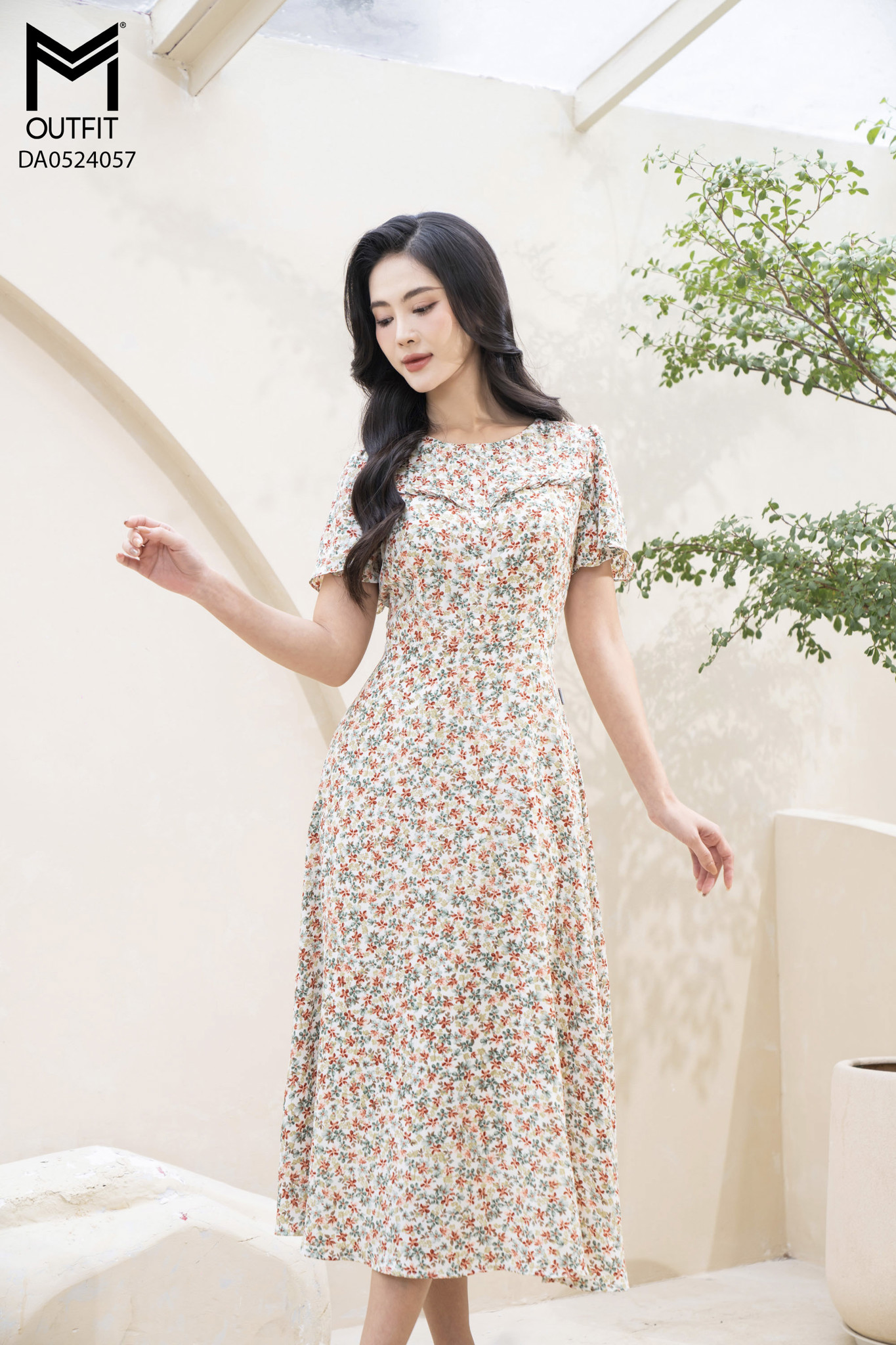 Đầm xòe cầu ngực bấu mí xếp bèo nhún,nẹp khuy