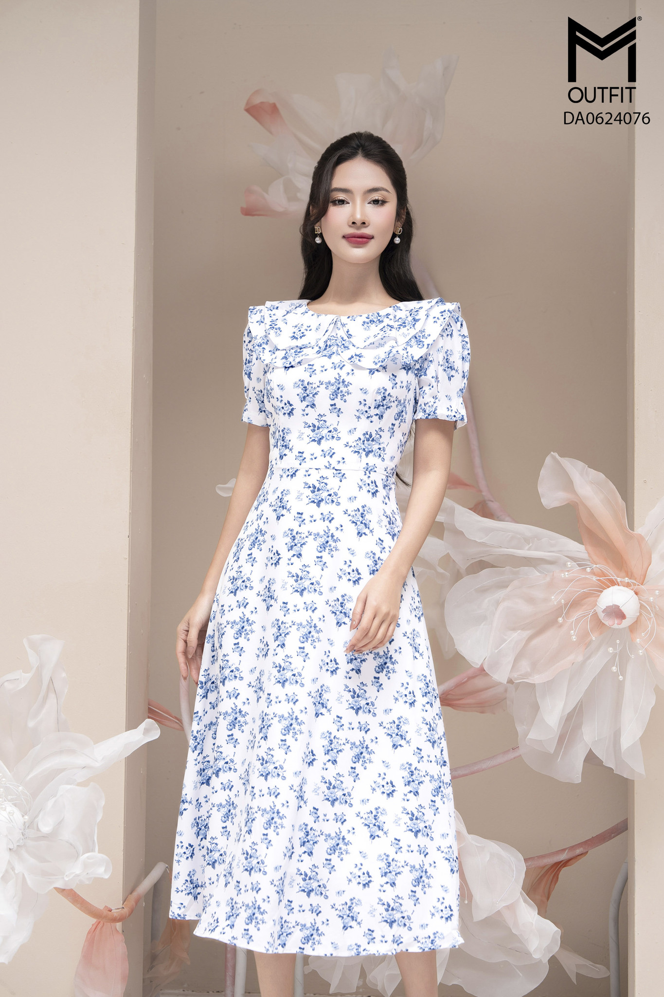 Đầm hoa xòe cổ bèo hai lớp tay xếp ly