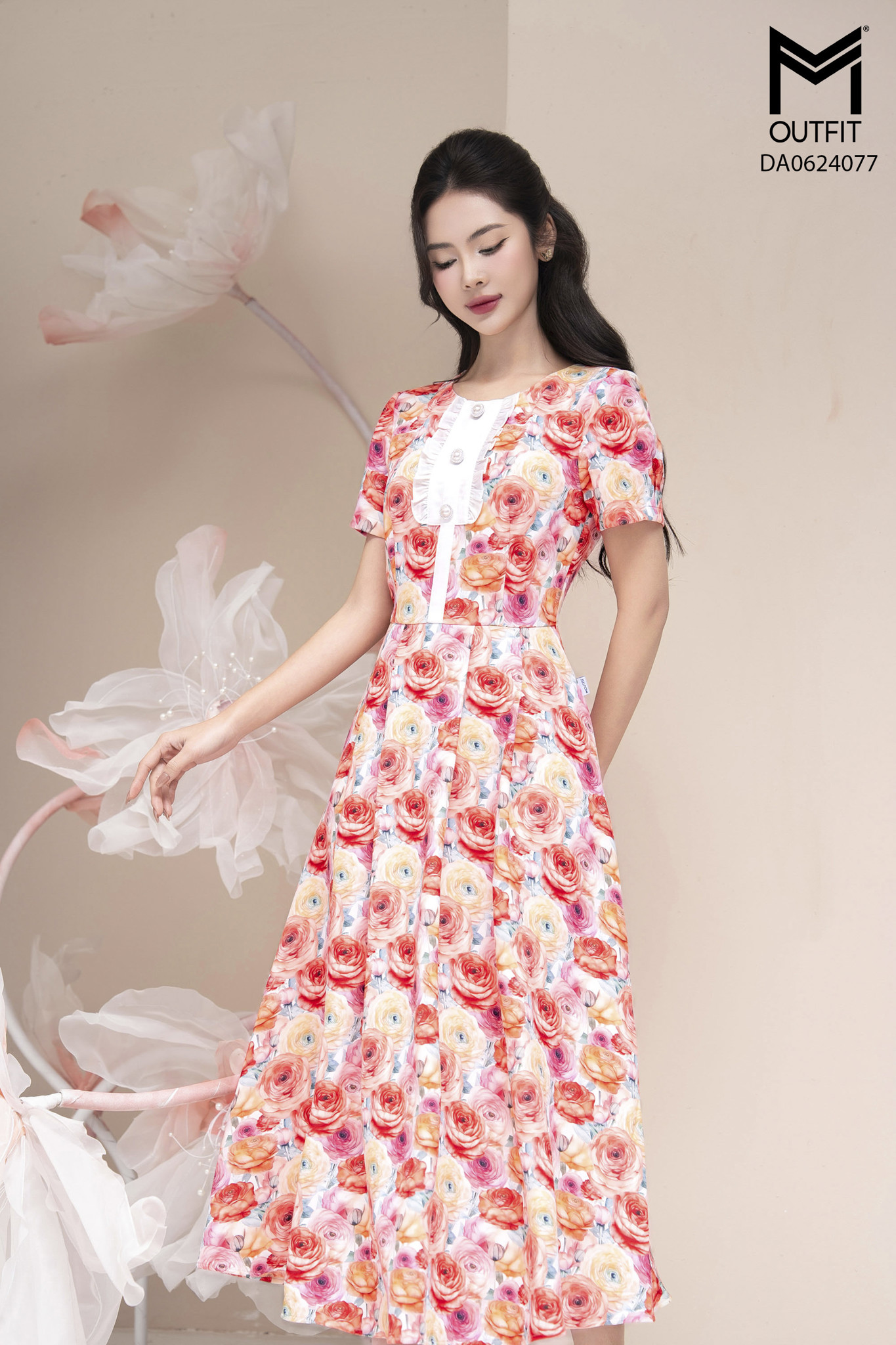 Đầm xòe cổ sen hở,nẹp kẹp bèo