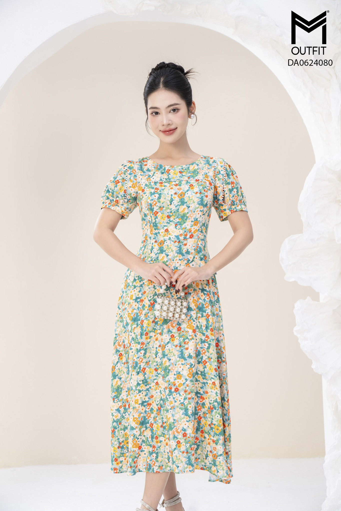 Đầm xòe can ngực kẹp ren,tay bồng kẹp ren