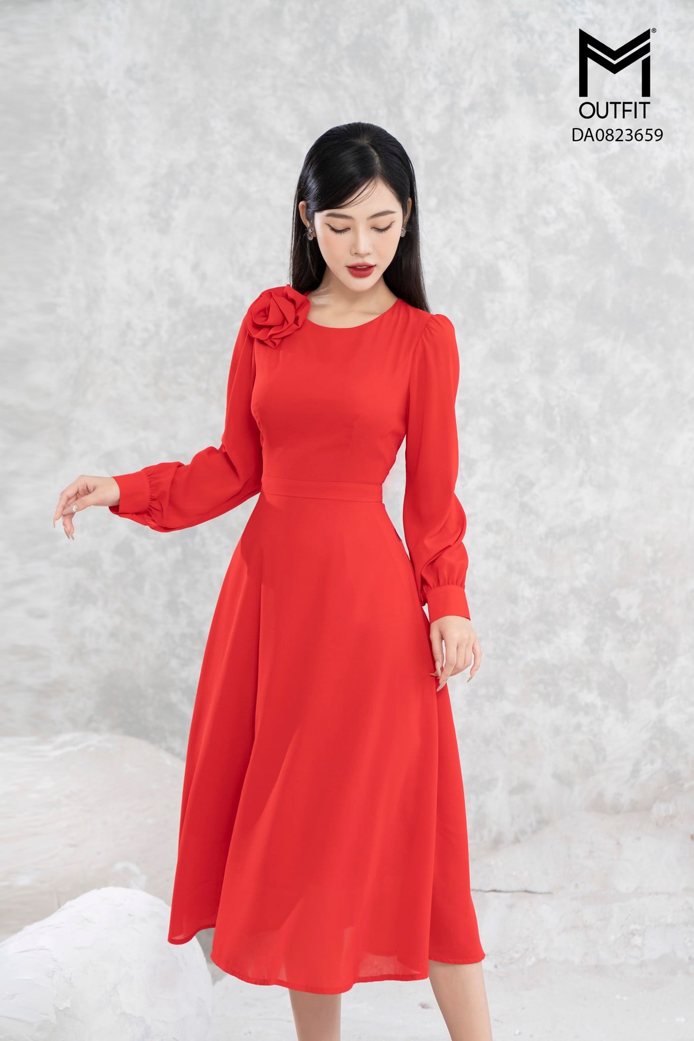 Đầm dáng xòe, tay dài, đính hoa TT