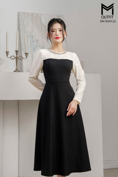 Đầm Soa Rê Đầm xòe phối ren thân trên và tay cổ đính kim sa – MM Outfit