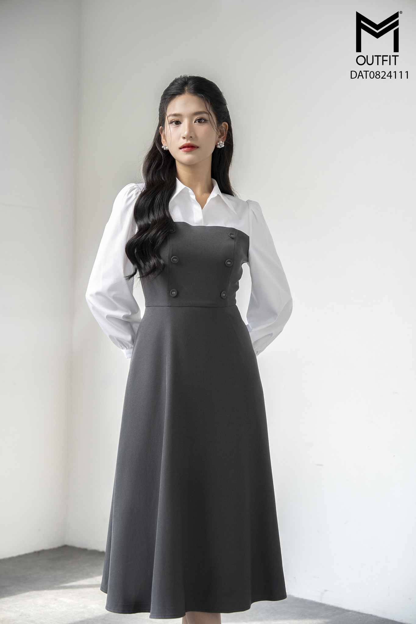 Đầm xòe phối thân sơ mi dài tay