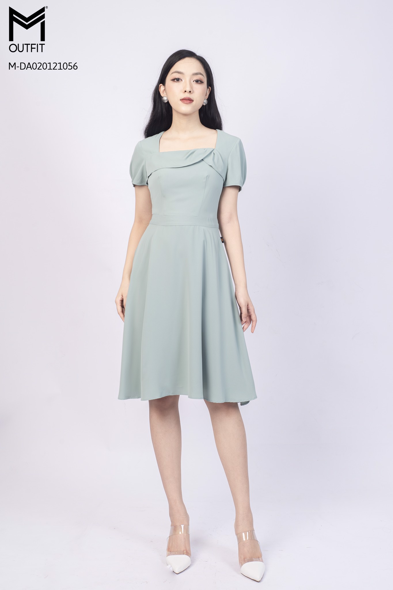 Đầm xòe cổ vuông hoa nhí màu cam  C4127