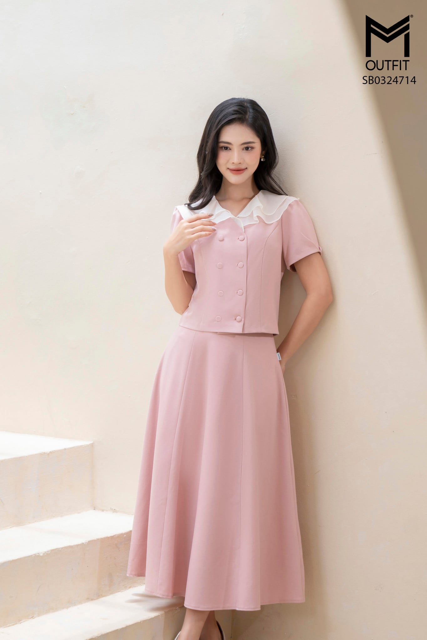 Sét bộ áo suông eo croptop cổ V 2 lớp bèo kết hợp chân váy xòe
