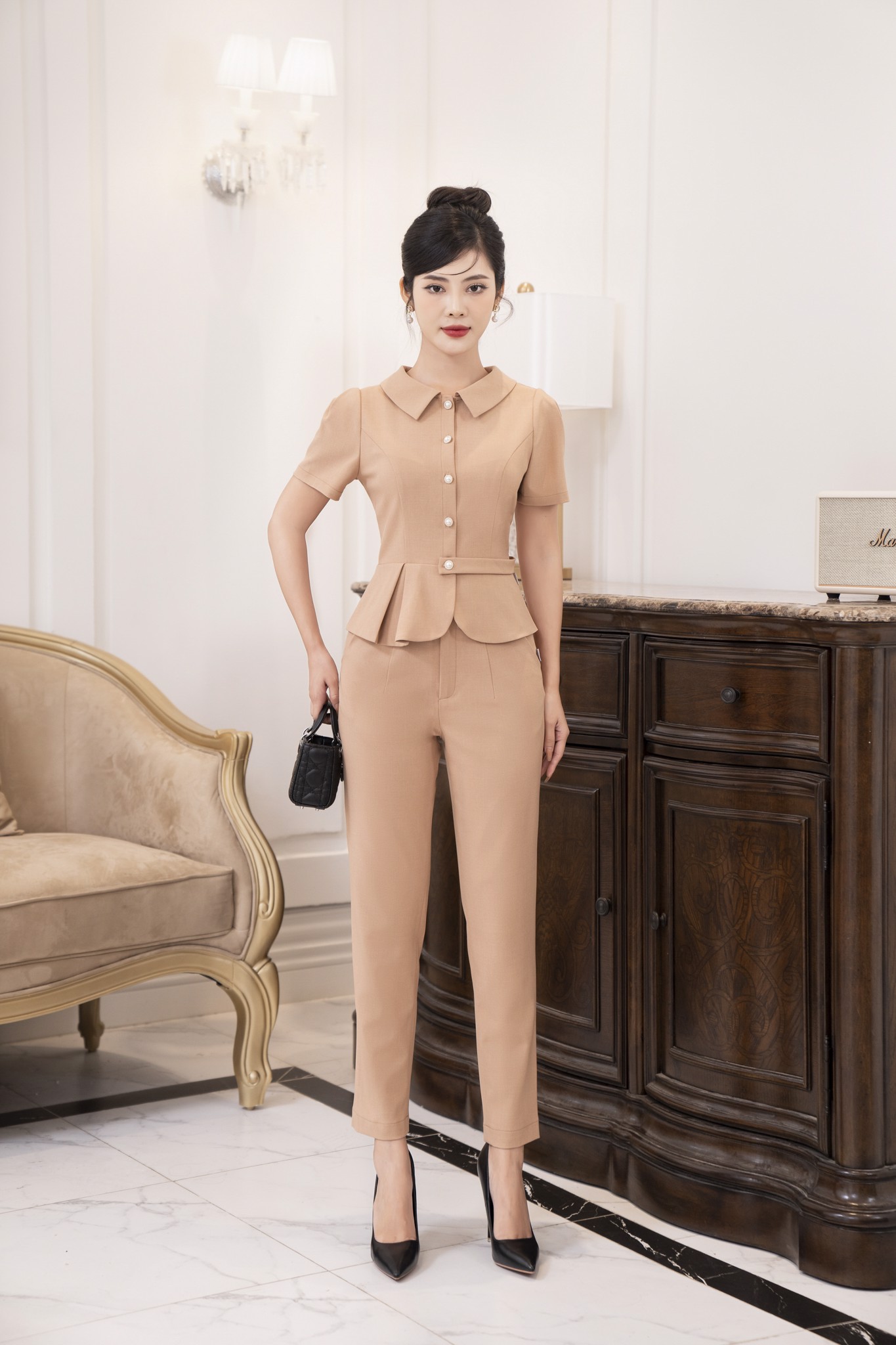 Set bộ áo sơ mi cổ sen + quần ống đứng