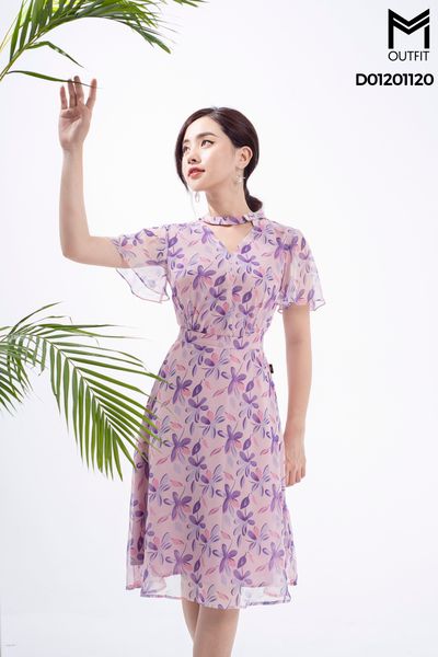 Váy voan tím hoa nhí cổ V