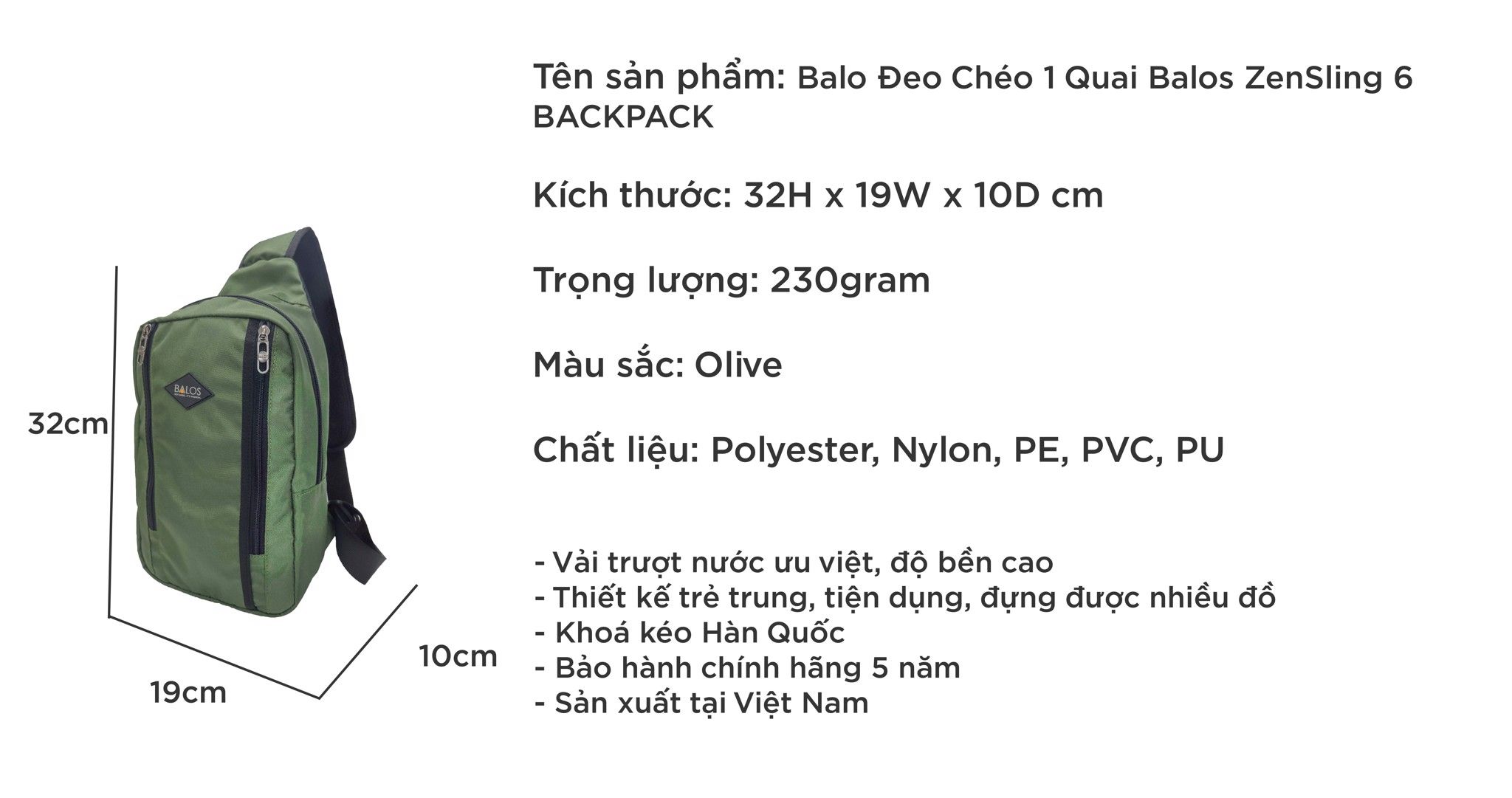  Balos ZEN SLING 6 Olive - Balo chéo một quai 