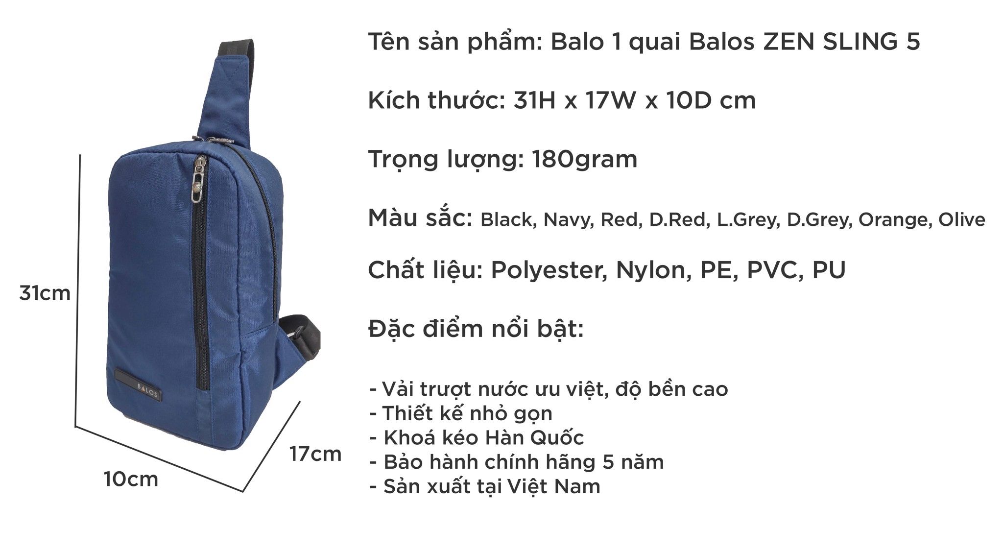  Balos ZEN SLING 5 Navy - Balo chéo một quai 