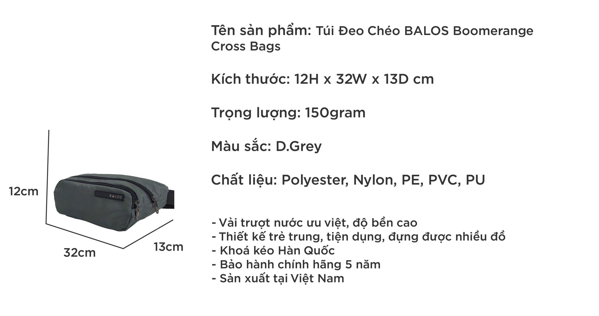  Balos BOOMERANGE Cross Bags D.Grey - Túi đeo chéo thời trang 