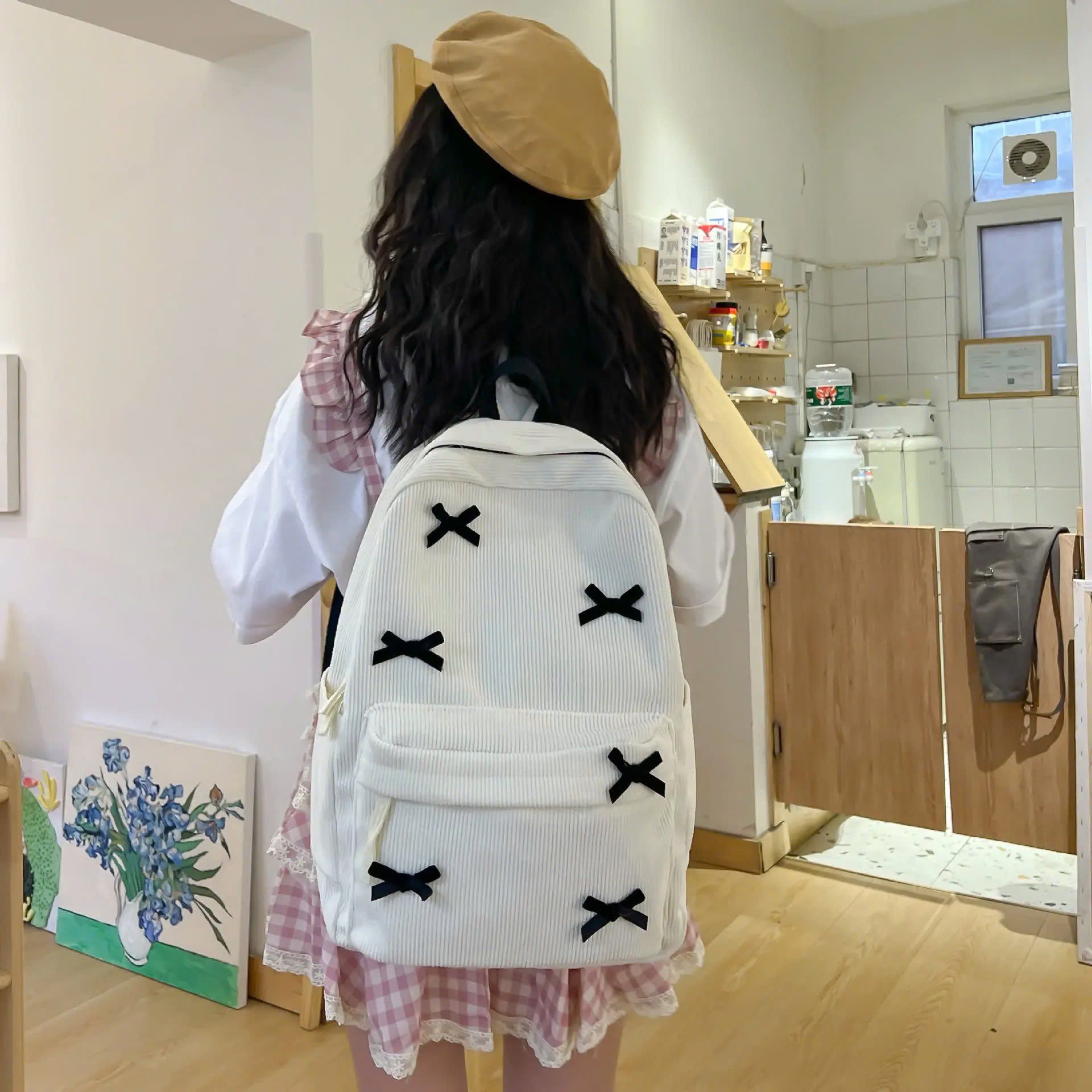  May Balo Nữ Phong Cách Hàn Quốc, Dung Tích Lớn, Nơ Đen Xinh Xắn Theo Yêu Cầu - BL24130 