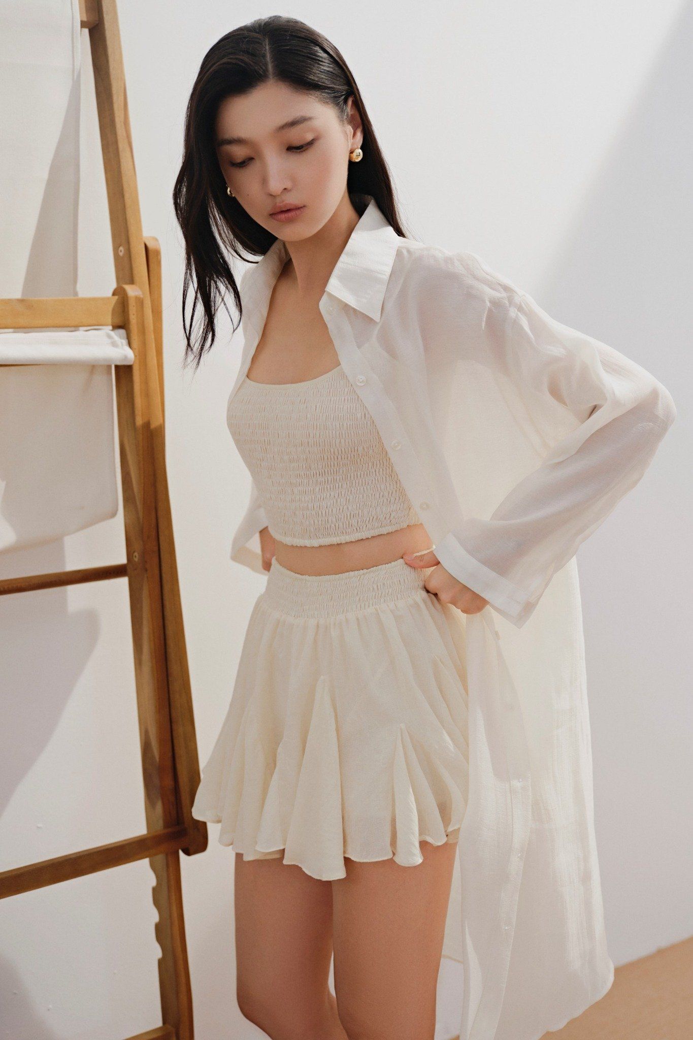 Áo khoác Chiffon Longline Shirt in Cream