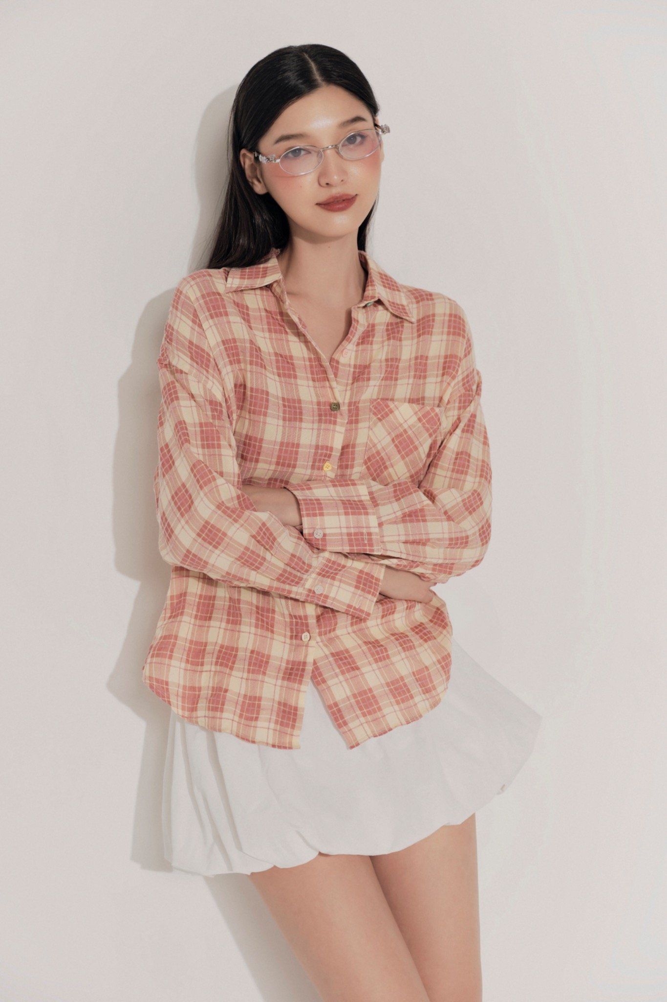 Áo Pink Plaid Oversized Shirt