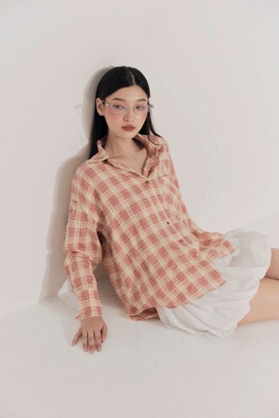  Áo Pink Plaid Oversized Shirt 