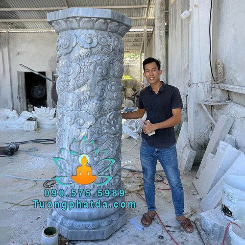 Điêu Khắc Trụ Rồng Đá Cẩm Thạch Xám Đẹp Nguyên Khối