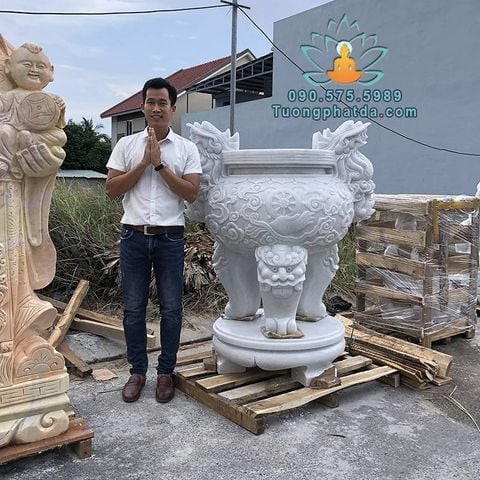 Chuyên Lư Hương Đá Chạm Bánh Xe Luân Hồi Đá Cẩm Thạch Trắng Nguyên Khối