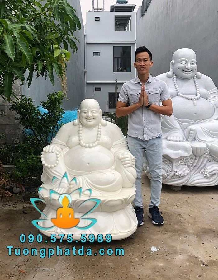 Mẫu Tượng Di Lặc Tọa Sen Đá Trắng Đẹp Cao 1m