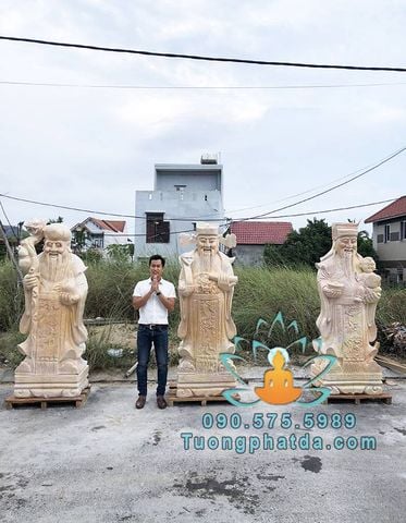 Điêu Khắc Tượng Phúc Lộc Thọ Đá Vàng Đẹp Đà Nẵng Cao 2m