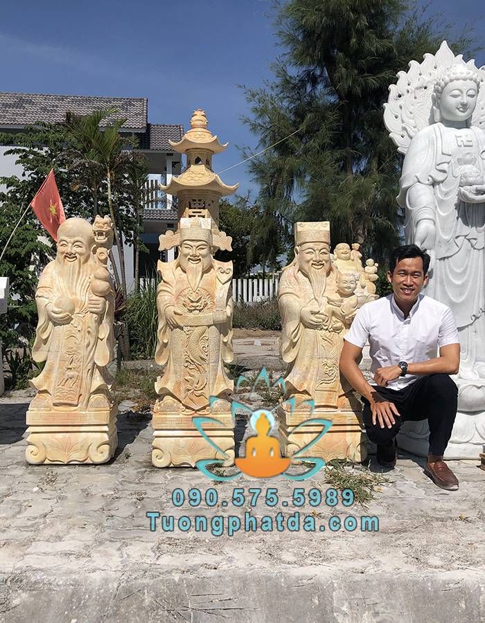 Chế Tác Tượng Phúc Lộc Thọ Đá Vàng Non Nước Cao 1.2m