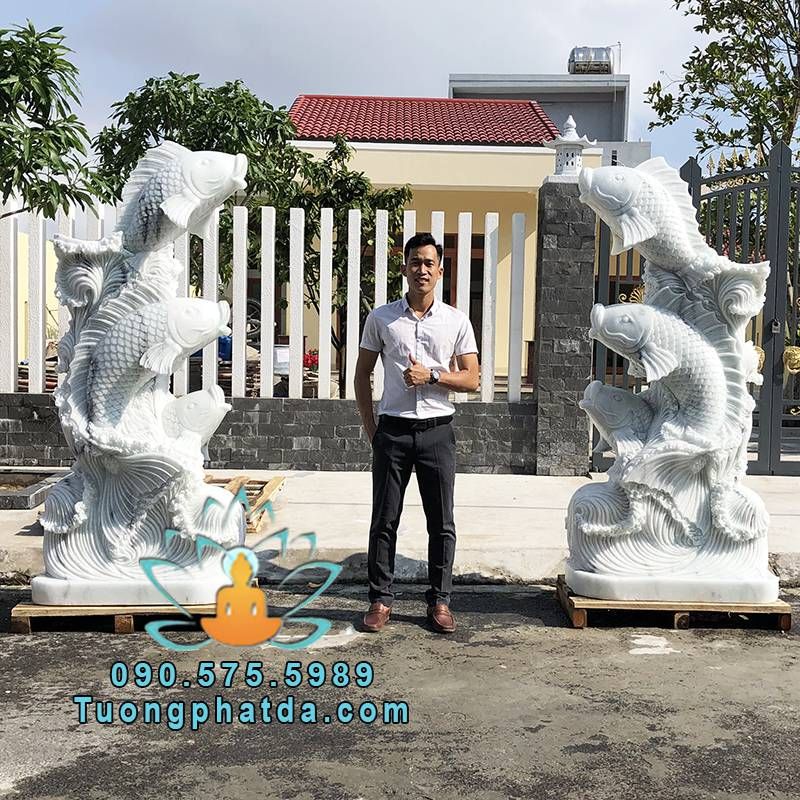 Điêu Khắc Tượng Cá Chép Đá Cao 2m Phun Nước Đẹp Trang Trí Hồ Cá